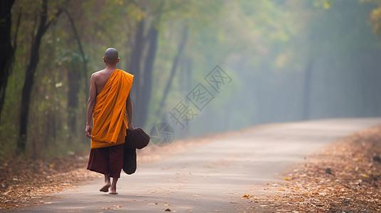 佛教僧侣走在森林的道路上图片图片