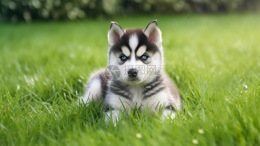 可爱的哈士奇小狗在草地上图片