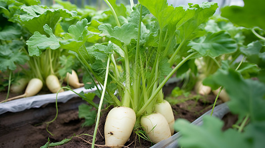 有机农业在温室中生长的有机萝卜背景