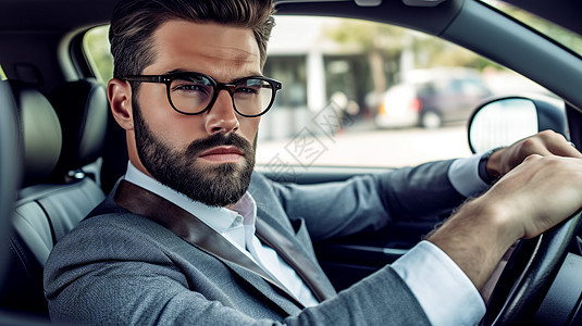 开车时戴眼镜的商人肖像图图片