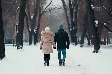 在冬季公园里散步的情侣图片