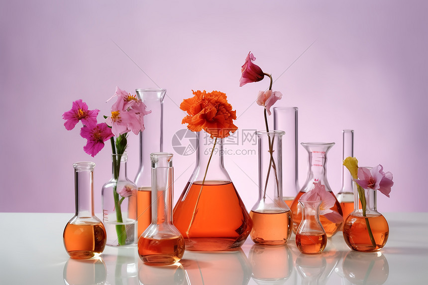 实验室玻璃器内的鲜花图片