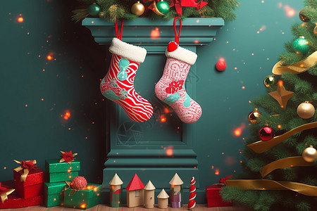 圣诞礼物和圣诞袜背景图片