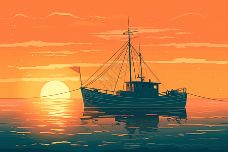 夕阳下的渔民渔船图片