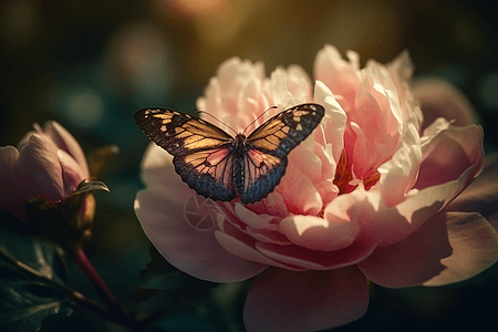 蝴蝶停在牡丹花上背景图片