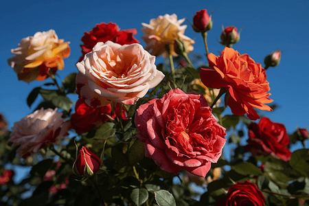 蓝天下鲜艳欲滴的玫瑰背景图片