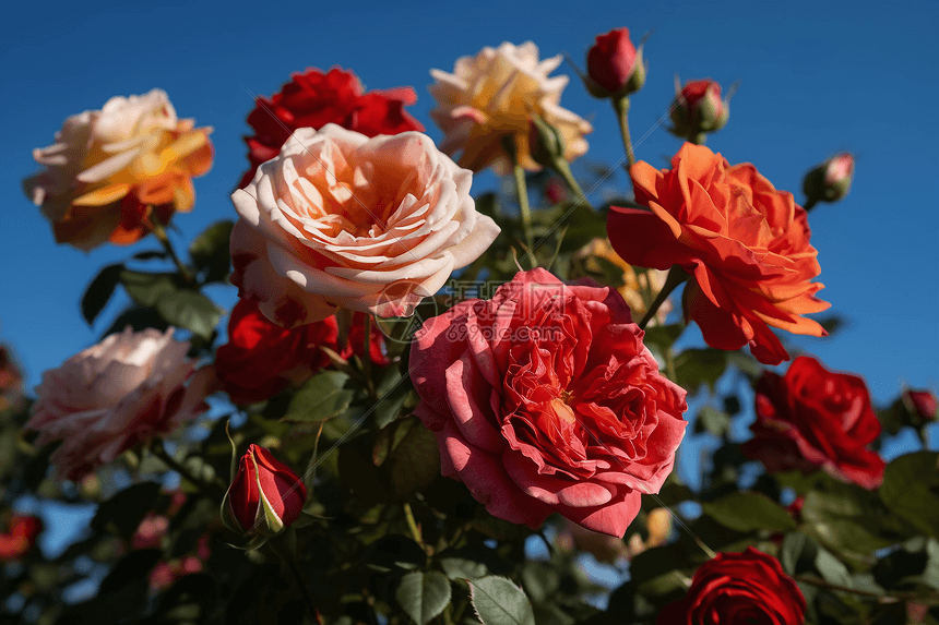 蓝天下鲜艳欲滴的玫瑰图片