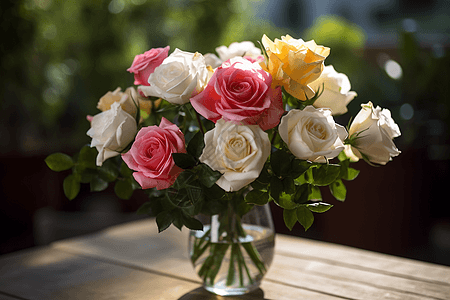 桌子上的的玫瑰花束图片