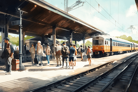 交通平台一群游客在火车站插画