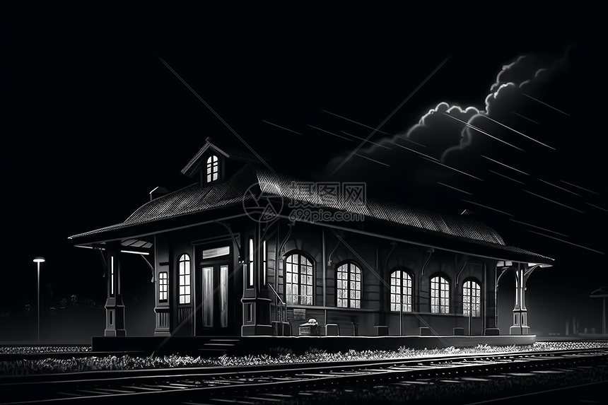 夜间黑白色的火车站图片