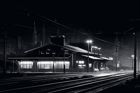 夜间单色的火车站图片
