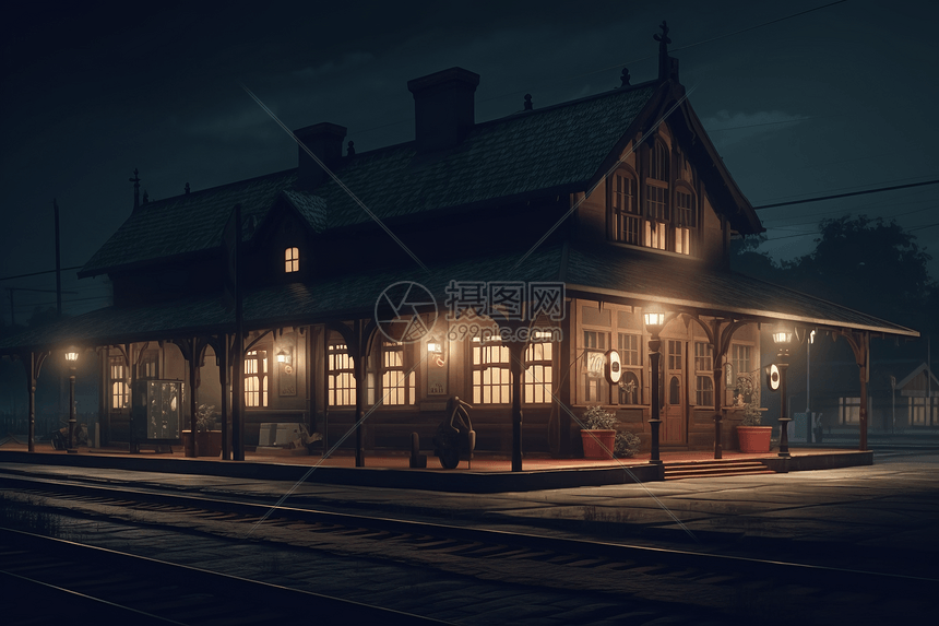 黑暗灯光的火车站图片