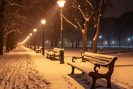 路边长椅上落着的雪图片