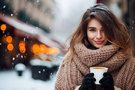 女孩在街头悠闲喝咖啡图片