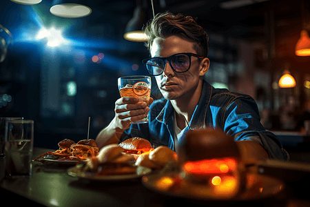 坐在餐厅喝饮料的男人图片
