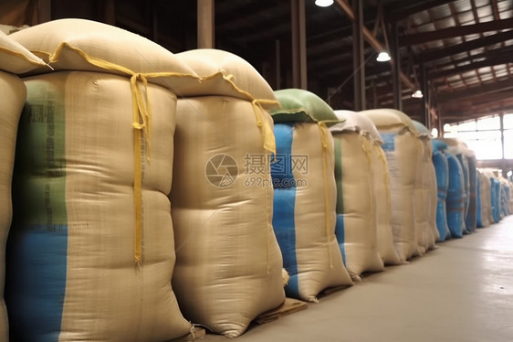 碾米厂的装满大米的麻袋图片
