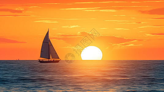日落海景与水上帆船图片