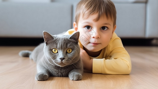 男孩和灰色的短毛猫图片