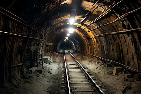 带铁轨的地下煤矿隧道图片