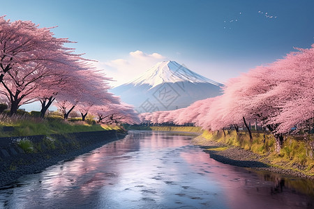 富士本春季景观和樱花河流图片