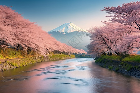 春季景观和樱花河流图片