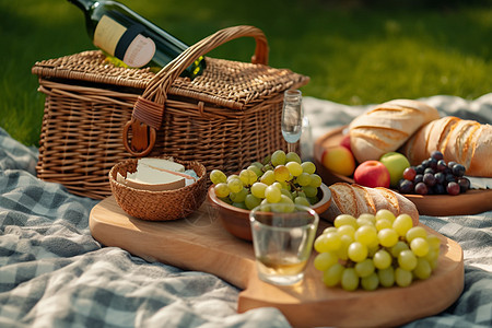 野餐篮水果和酒瓶的特写图片