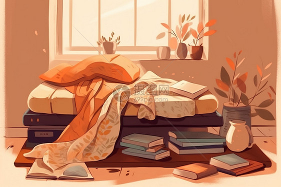 舒适的阅读角落蓬松的垫子和温暖的毯子图片