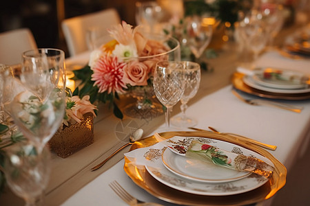 精致的婚礼宴会桌设置装饰花卉图片