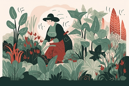 女人在花园里采摘草药图片