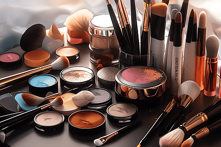 化妆工作室桌子上化妆刷和彩妆设计图片
