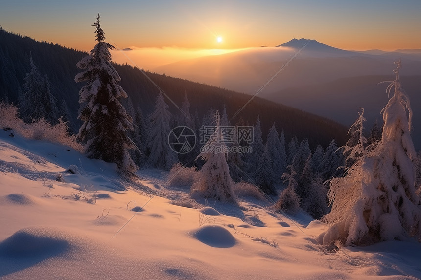 冬季景观日出美丽的喀尔巴阡山脉图片