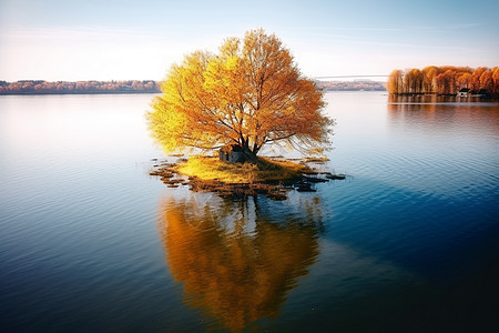 秋天湖泊小岛中间的树图片