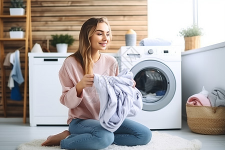 年轻女子在家里洗衣服图片