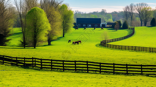 马群在绿色的牧场图片
