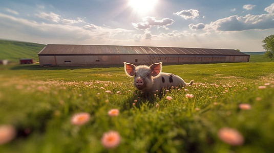 草地上开心的小猪图片