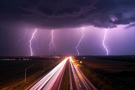 高速公路夜间的雷雨和闪电图片