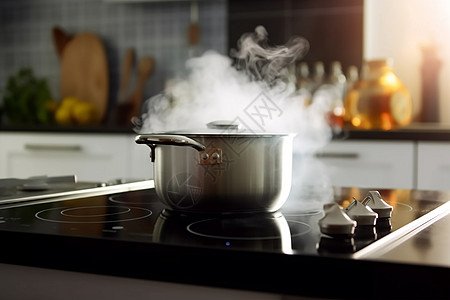厨房电炉上蒸锅冒着蒸汽高清图片