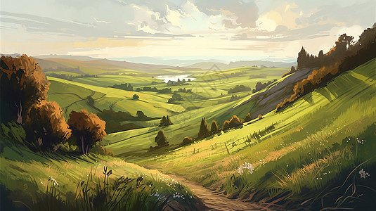 夏季连绵起伏的丘陵绘画图片