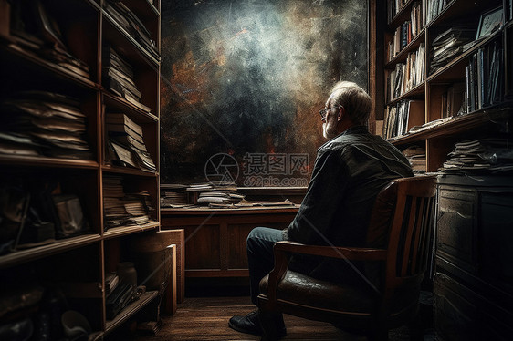 一位沉思的艺术家坐在皮椅上图片