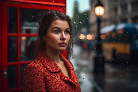 伦敦街道雨女生站在街道的电话亭前背景