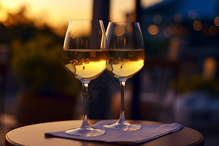 夜晚的两杯白葡萄酒图片