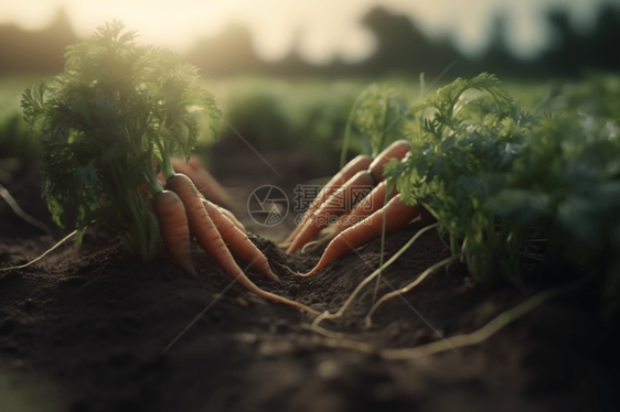 胡萝卜农场: 特写; 胡萝卜植物和收获的视图; 逼真的风格; 柔和的照明，4K图片