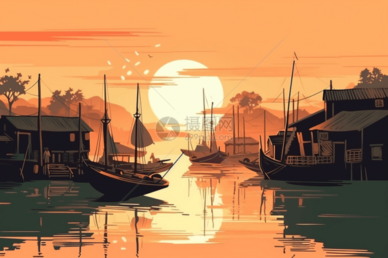 日落时的渔船图片