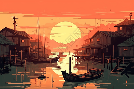 日落时分的渔村图片