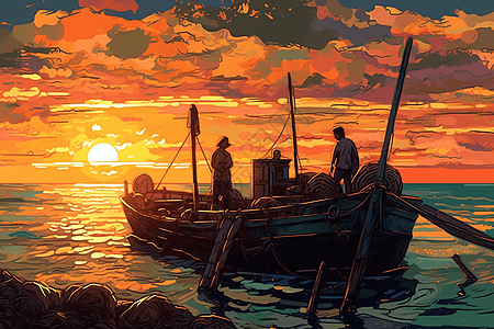 日落时的渔船和工人图片