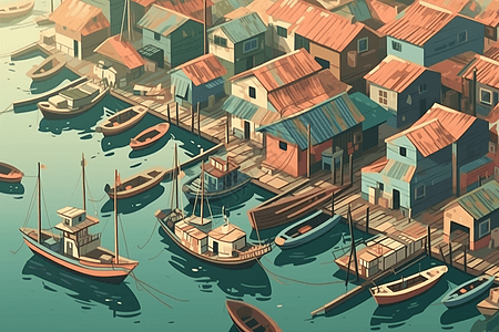 一个渔村的插图图片