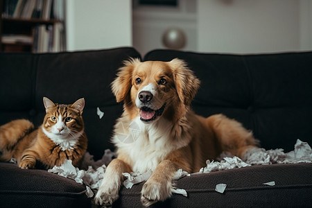 猫咪和狗狗在沙发上拆家图片