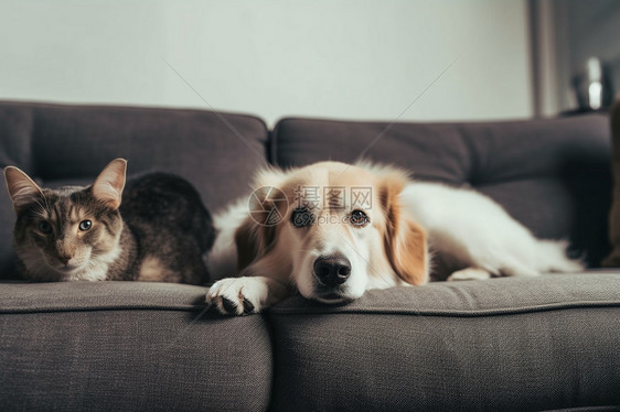猫咪和狗狗躺在沙发上图片