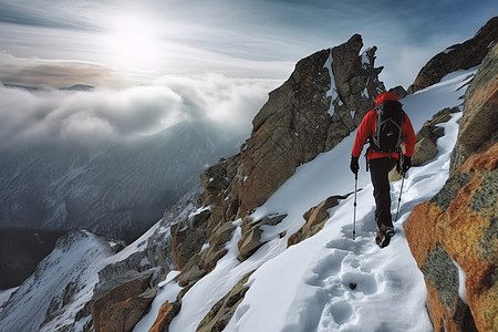 冬季登山者登山背影图片