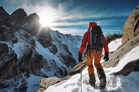 冬季一位登山者登山背影图片